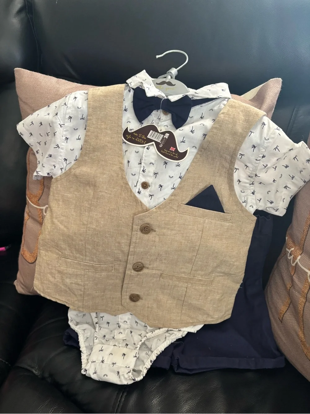 Toddler Beige Linen Vest Outfit with Navy Bow Tie and Palm-Print Shirt